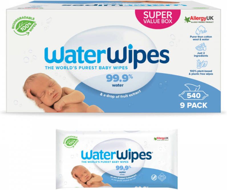 Waterwipes Billendoekjes Gevoelige Huid 9 X 60 Stuks 99, 9% Water Plastic Vrij